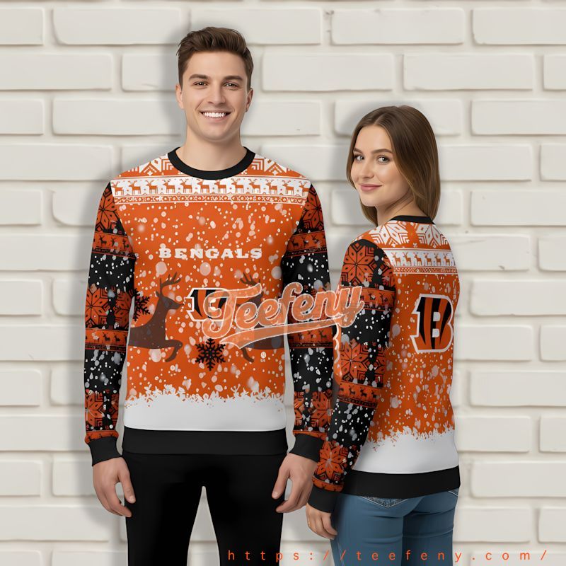 Reindeer Snowfall Cincinnati Bengals White Orange Ugly Christmas Sweaters For Sale Reindeer Snowfall Cincinnati Bengals White Orange Ugly Christmas Sweaters For Sale