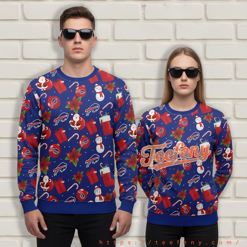 Santa Claus Buffalo Bills Snowman Blue Mens Ugly Christmas Sweater Santa Claus Buffalo Bills Snowman Blue Mens Ugly Christmas Sweater