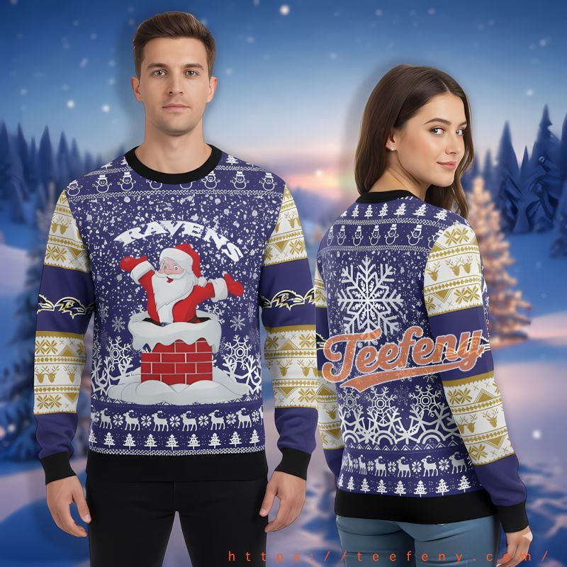 Santa Claus From Chimney Baltimore Ravens Purple Christmas Sweatshirt For Men