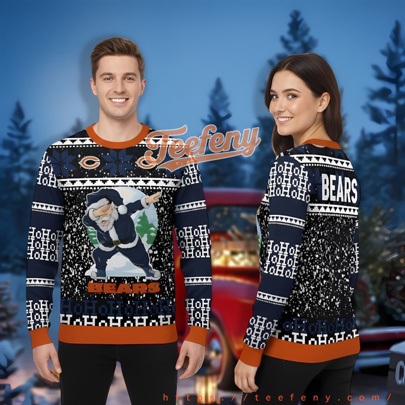 Santa Claus Ho Ho Ho Chicago Bears Blue Orange Christmas Sweater Women