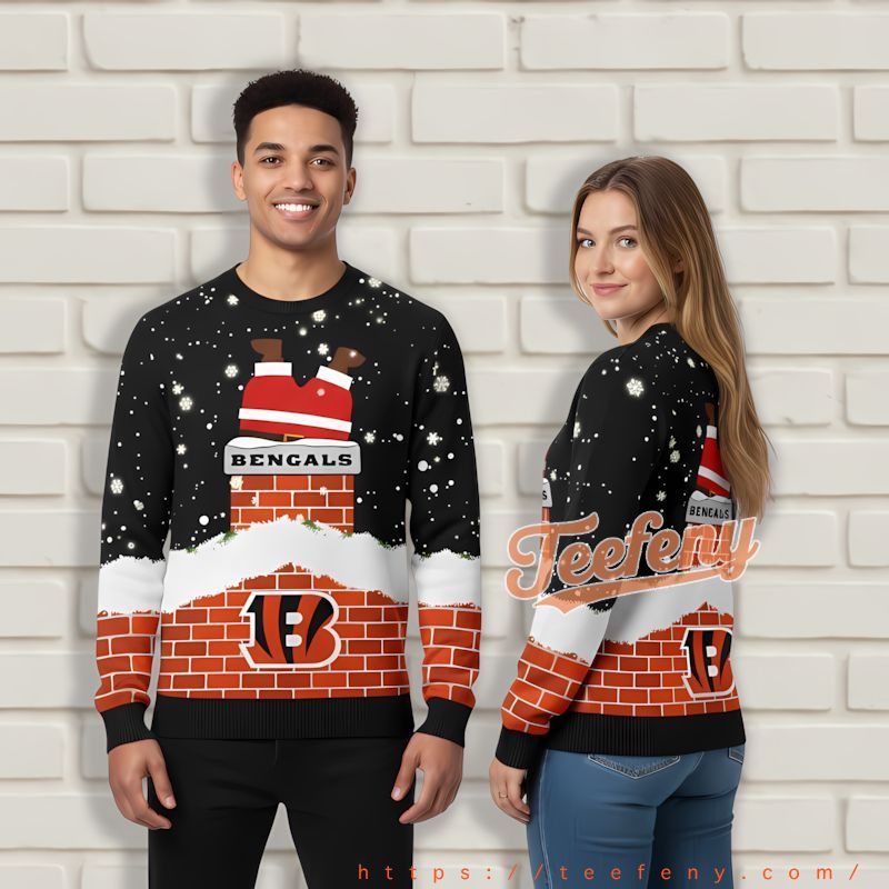 Santa Claus In The Chimney Cincinnati Bengals Black Youth Ugly Christmas Sweater Santa Claus In The Chimney Cincinnati Bengals Black Youth Ugly Christmas Sweater