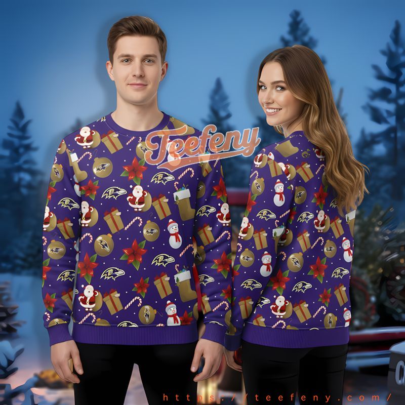 Santa Claus Snowman Baltimore Ravens Purple Holiday Sweaters For Men