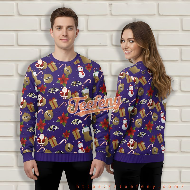 Santa Claus Snowman Baltimore Ravens Purple Holiday Sweaters For Men Santa Claus Snowman Baltimore Ravens Purple Holiday Sweaters For Men