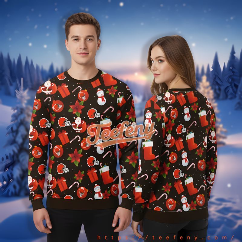 Santa Claus Snowman Cleveland Browns Red Black Ugly Xmas Sweater Party