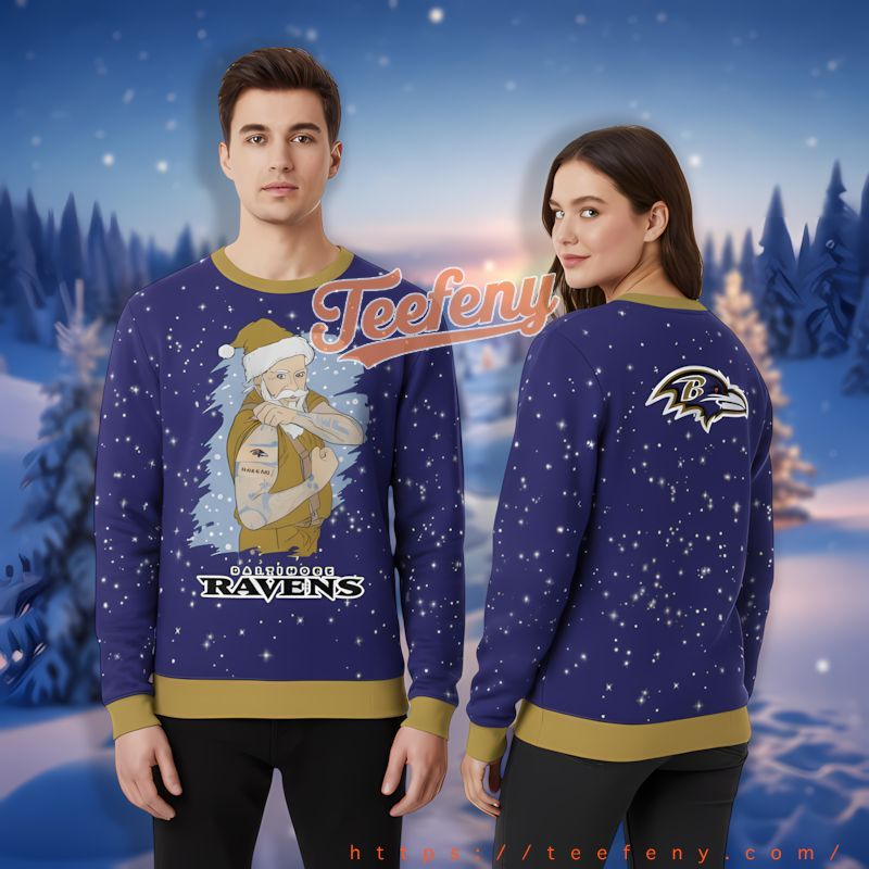 Santa Claus Tattoo Baltimore Ravens Logo Purple Most Ugly Christmas Sweater