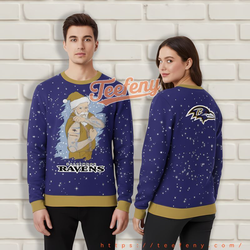 Santa Claus Tattoo Baltimore Ravens Logo Purple Most Ugly Christmas Sweater Santa Claus Tattoo Baltimore Ravens Logo Purple Most Ugly Christmas Sweater