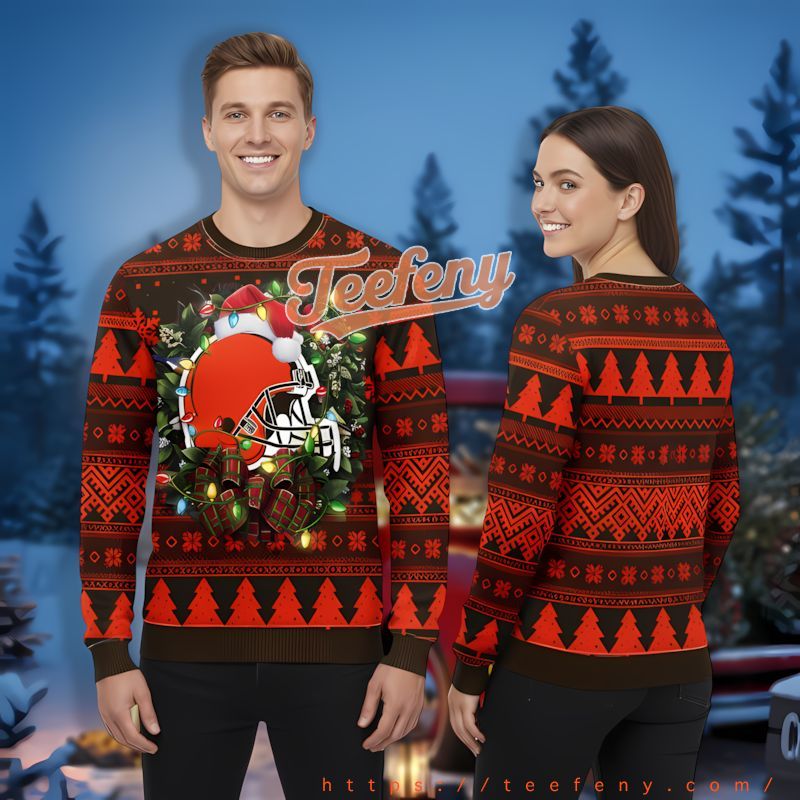 Santa Cleveland Browns Christmas Wreath Orange Black Light Up Ugly Sweater