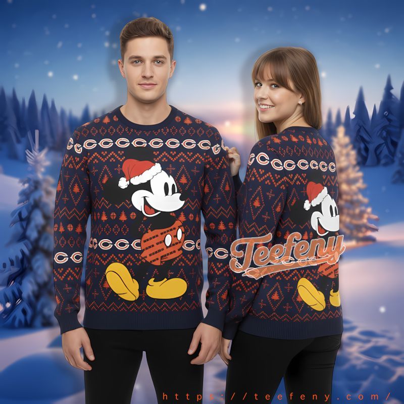 Santa Mick Mouse Chicago Bears Orange Blue Christmas Sweater Women