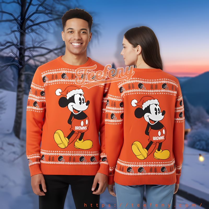 Santa Mickey Mouse Cleveland Browns Orange Beautiful Christmas Sweaters
