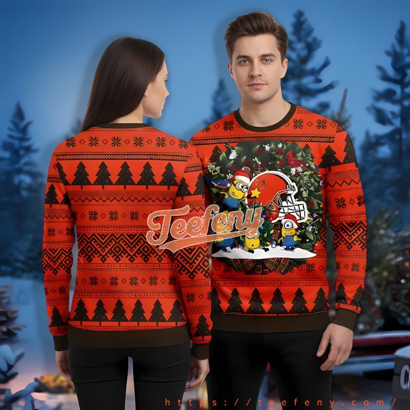 Santa Minion Cleveland Browns Orange Black Christmas Sweater The Office