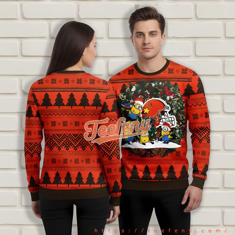 Santa Minion Cleveland Browns Orange Black Christmas Sweater The Office Santa Minion Cleveland Browns Orange Black Christmas Sweater The Office