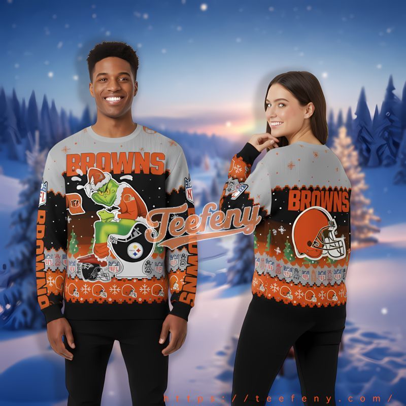 Santa The Grinch Cleveland Browns Black Orange Christmas Sweater The Office