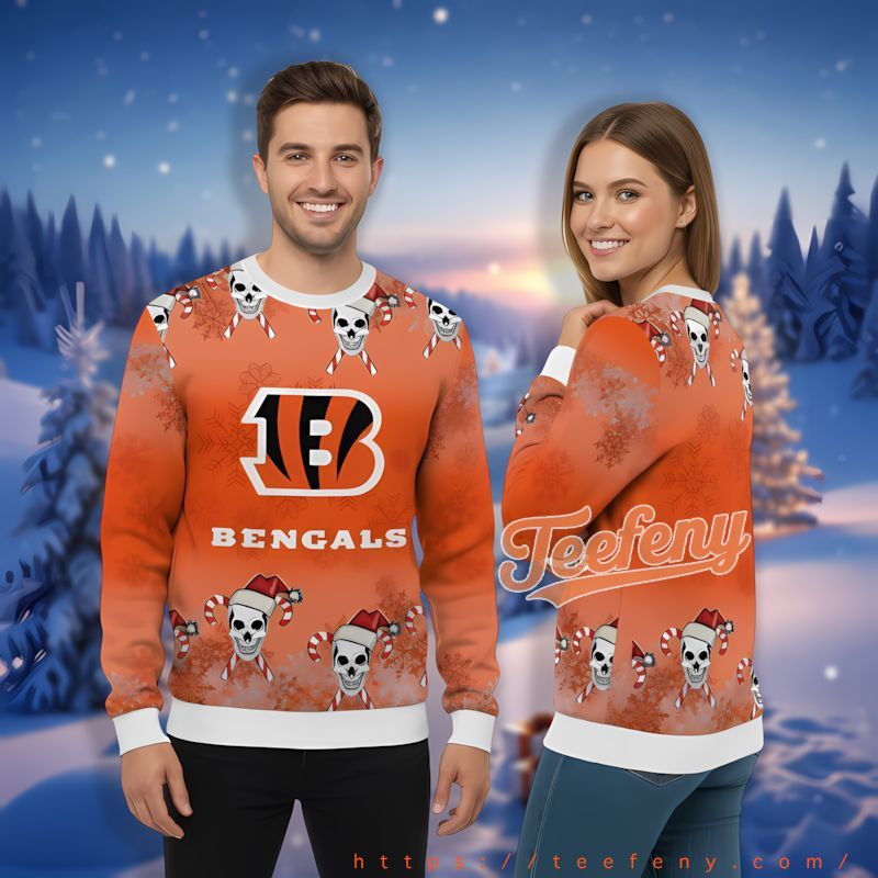 Skull Candy Cincinnati Bengals White Orange Cheap Ugly Christmas Sweater