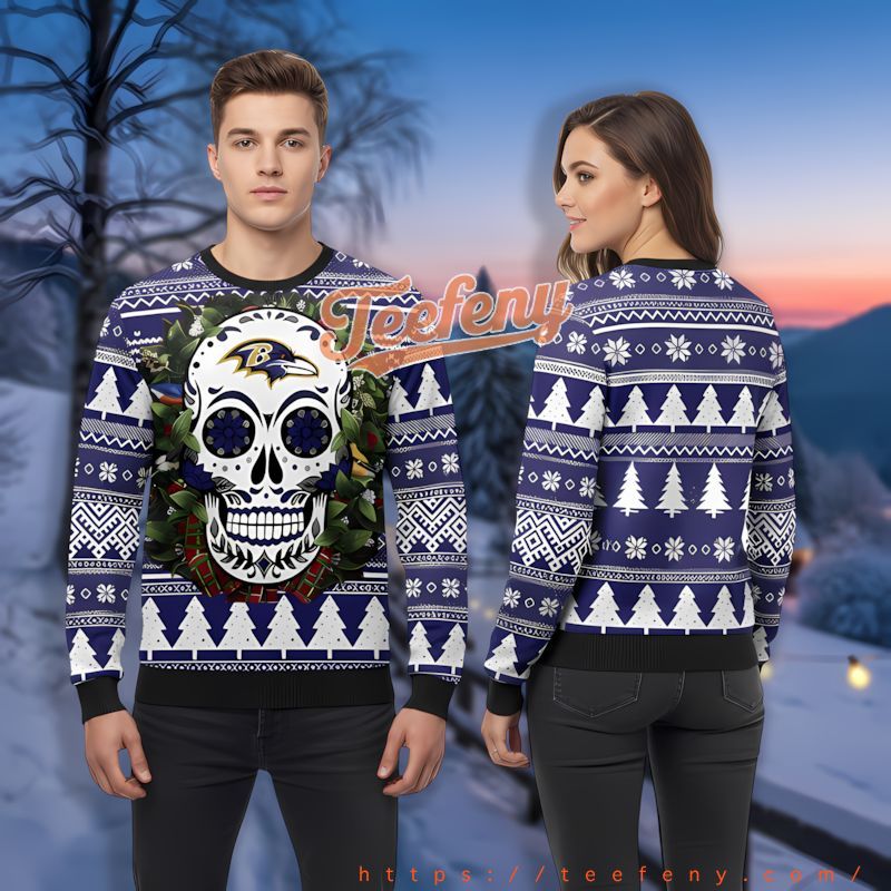 Skull Flower Baltimore Ravens Purple Ugly Christmas Sweaters For Sale