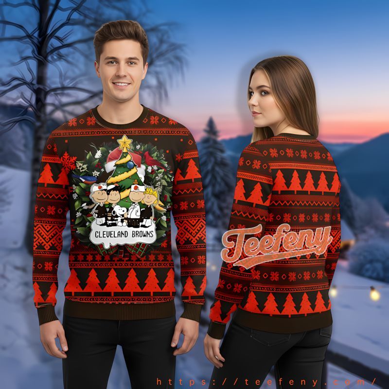Snoopy Charlie Brown Cleveland Browns Orange Black Ugly Christmas Sweaters For Sale