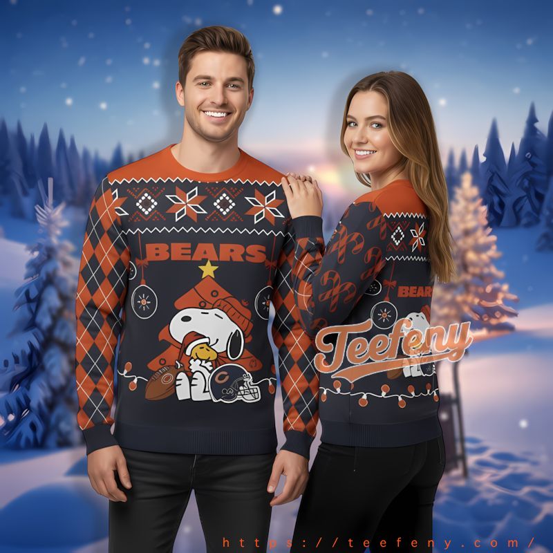 Snoopy Hug Woodstock Chicago Bears Blue Orange Christmas Sweater The Office