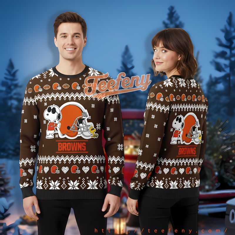 Snoopy Woodstock Cleveland Browns Orange Brown Tackiest Christmas Sweater
