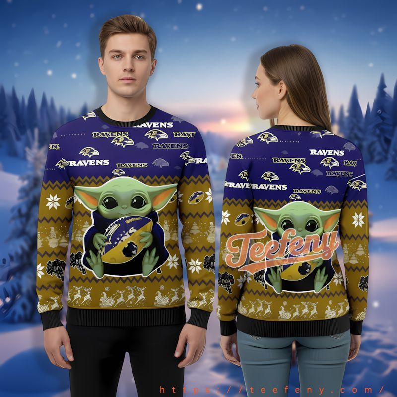 Star Wars Baltimore Ravens Baby Yoda Purple 5Xl Ugly Christmas Sweater