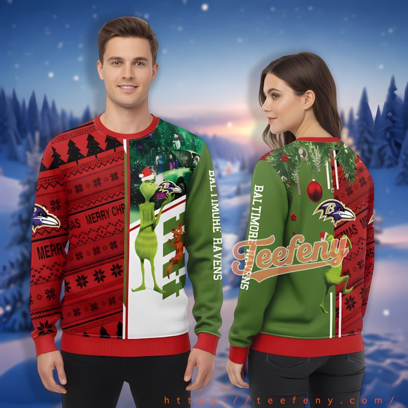 The Grinch And Dog Max Baltimore Ravens Red Light Up Ugly Sweater