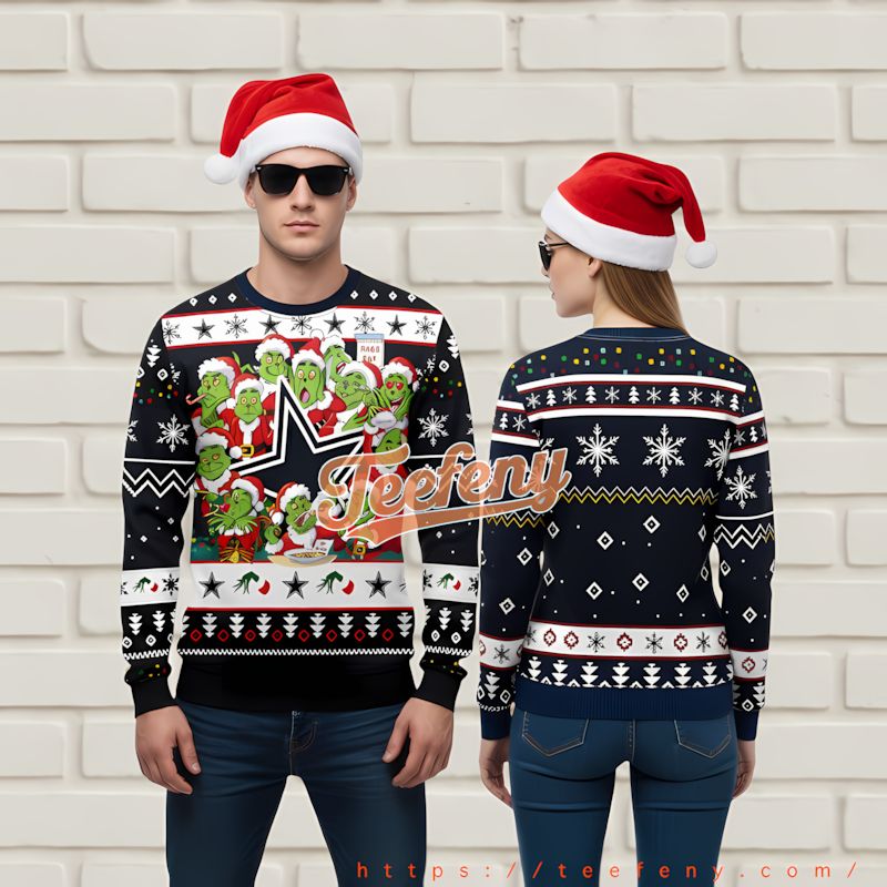 Dallas Cowboys The Grinch And Baby Groot Ugly Xmas Sweater Party Blue