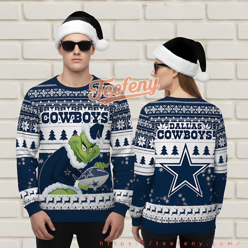 Dallas Cowboys The Grinch Face Light Up Ugly Sweater Blue