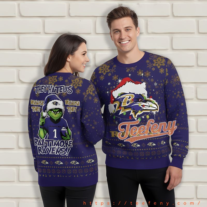 They Hate Us Baltimore Ravens Grinch Ugliest Xmas Sweater Purple They Hate Us Baltimore Ravens Grinch Ugliest Xmas Sweater Purple