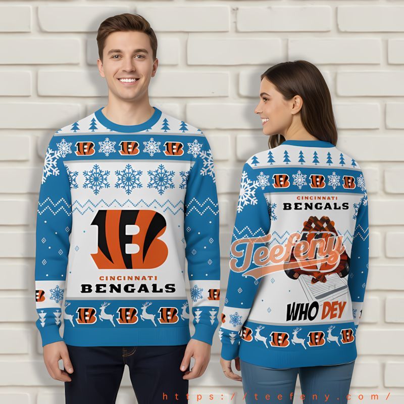 Who Dey Cincinnati Bengals Blue White Cheap Ugly Christmas Sweater Who Dey Cincinnati Bengals Blue White Cheap Ugly Christmas Sweater