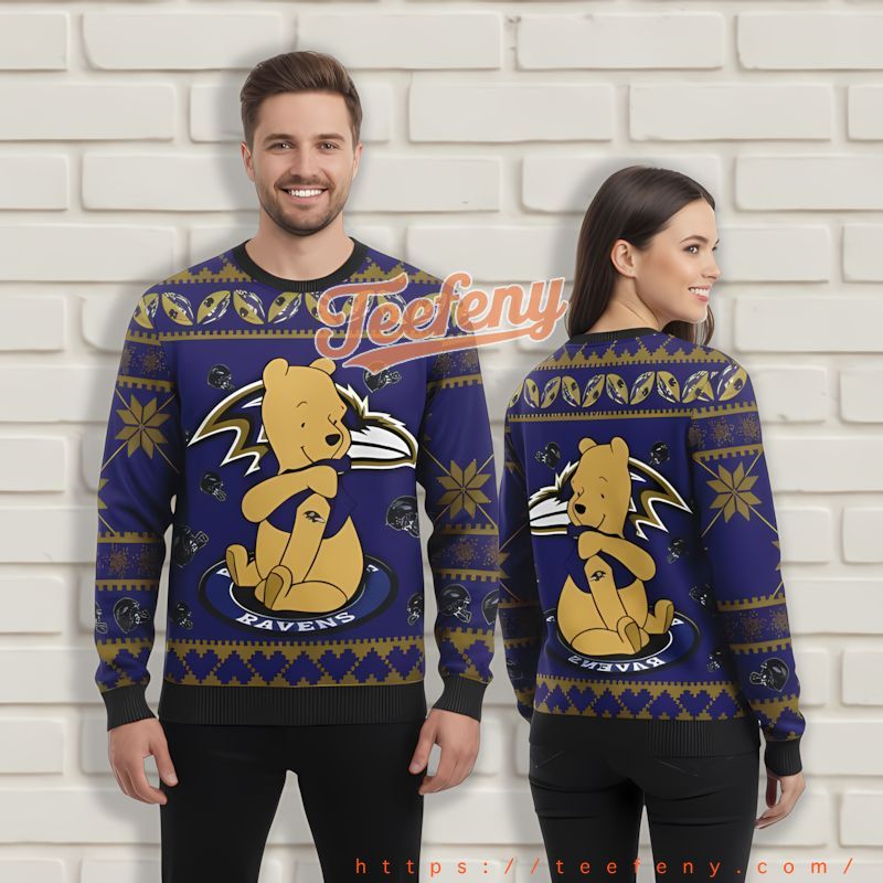 Winnie The Pooh Baltimore Ravens Purple Ugly Sweaters For Couples Winnie The Pooh Baltimore Ravens Purple Ugly Sweaters For Couples