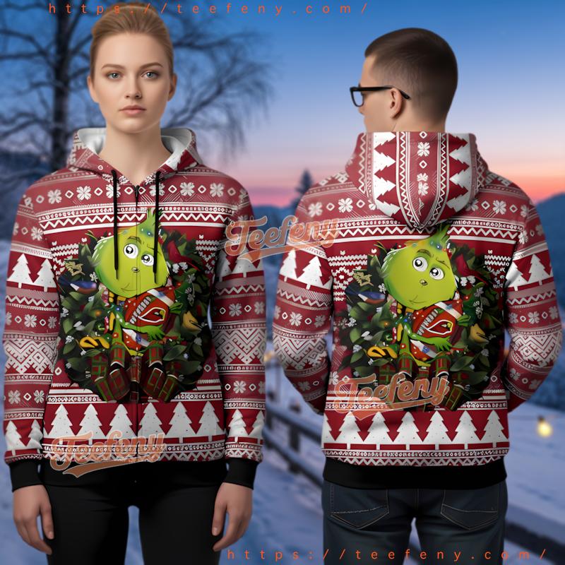 Arizona Cardinals Grinch Hug Wreath Ugly Christmas 3D Hoodie