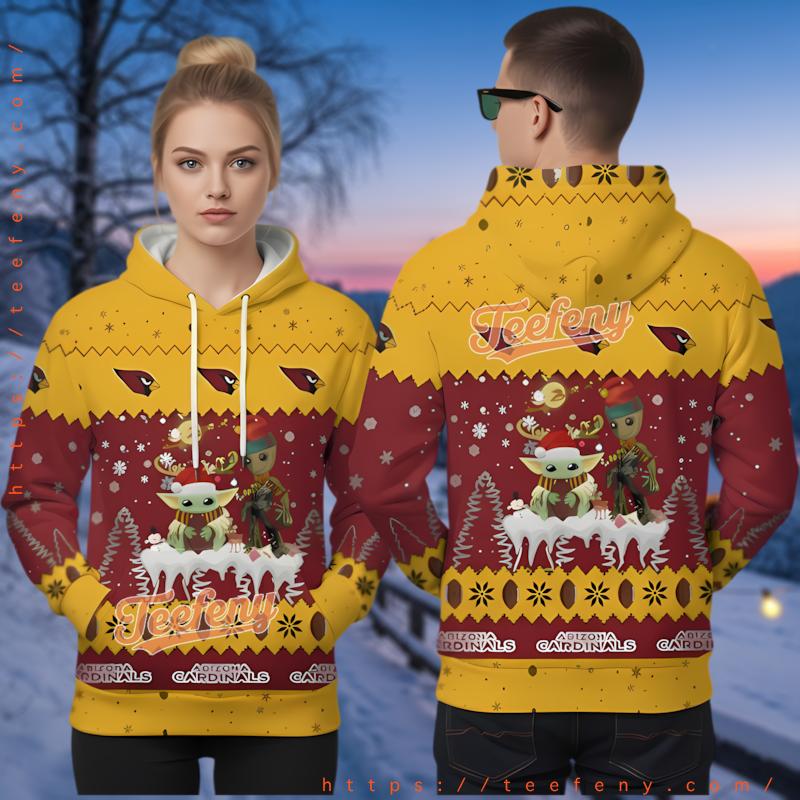 Arizona Cardinals Grogu Groot Ugly Christmas 3D Hoodie Marvel Star Wars