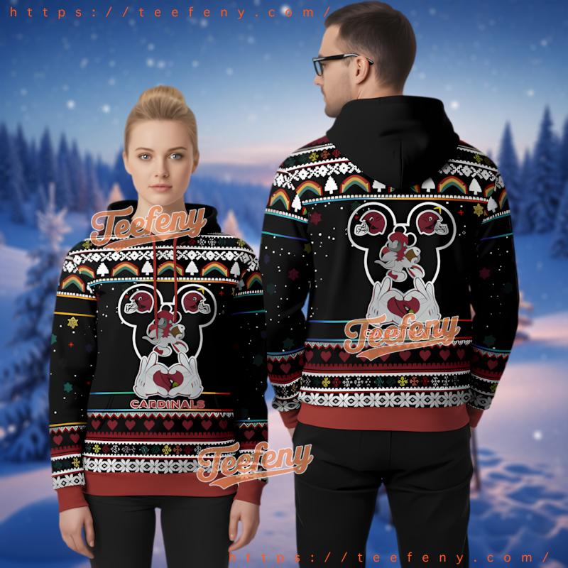 Arizona Cardinals Mickey Mouse Heart Hands Ugly Christmas 3D Hoodie