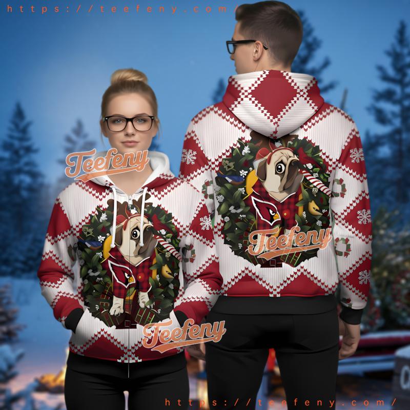 Arizona Cardinals Pug Dog Christmas Wreath Ugly 3D Hoodie