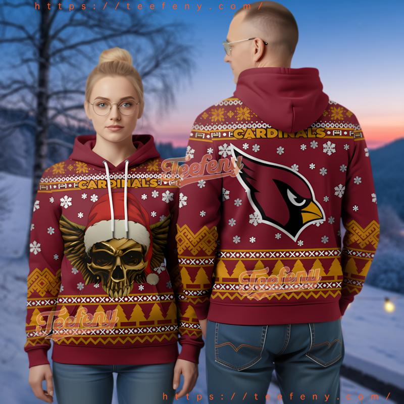 Arizona Cardinals Skull Santa Hat Ugly Christmas 3D Hoodie