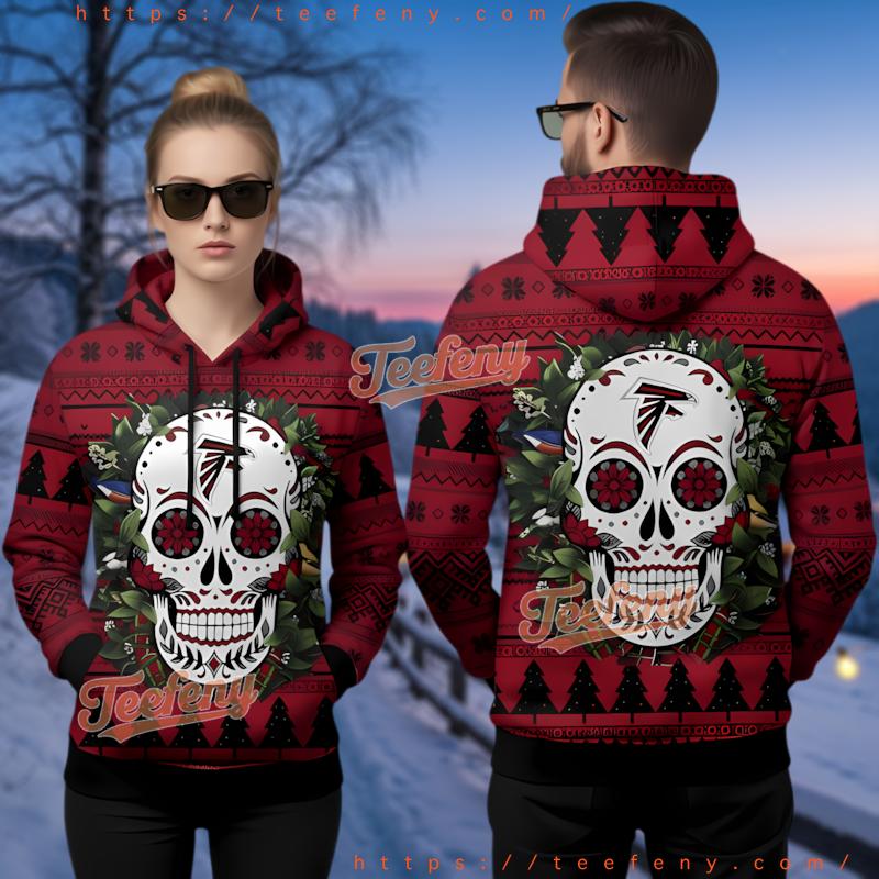 Atlanta Falcons Sugar Skull Floral Pattern Ugly Christmas 3D Hoodie