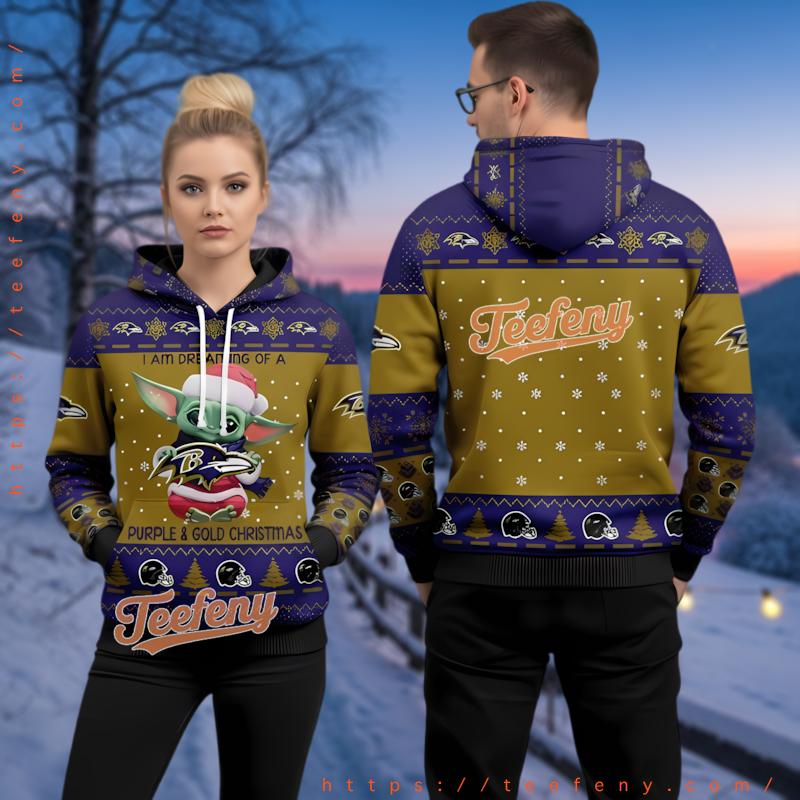 Baltimore Ravens Baby Yoda Purple Gold Ugly Christmas 3D Hoodie