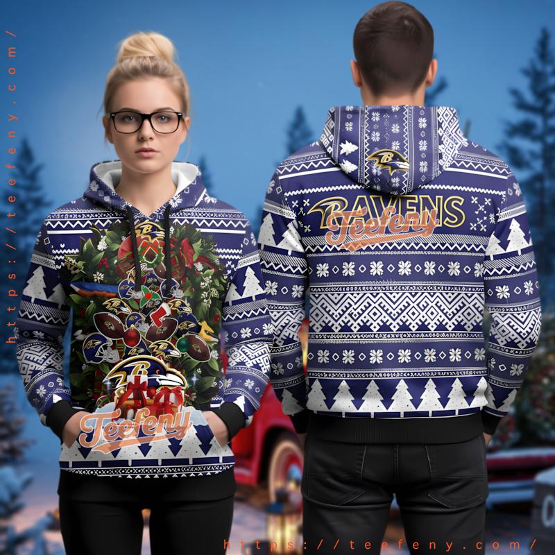 Baltimore Ravens Christmas Wreath Tree Pattern Ugly 3D Hoodie
