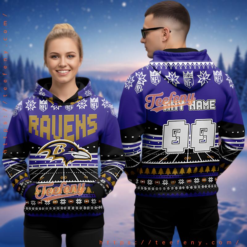 Baltimore Ravens Custom Name Number Ugly Christmas 3D Hoodie