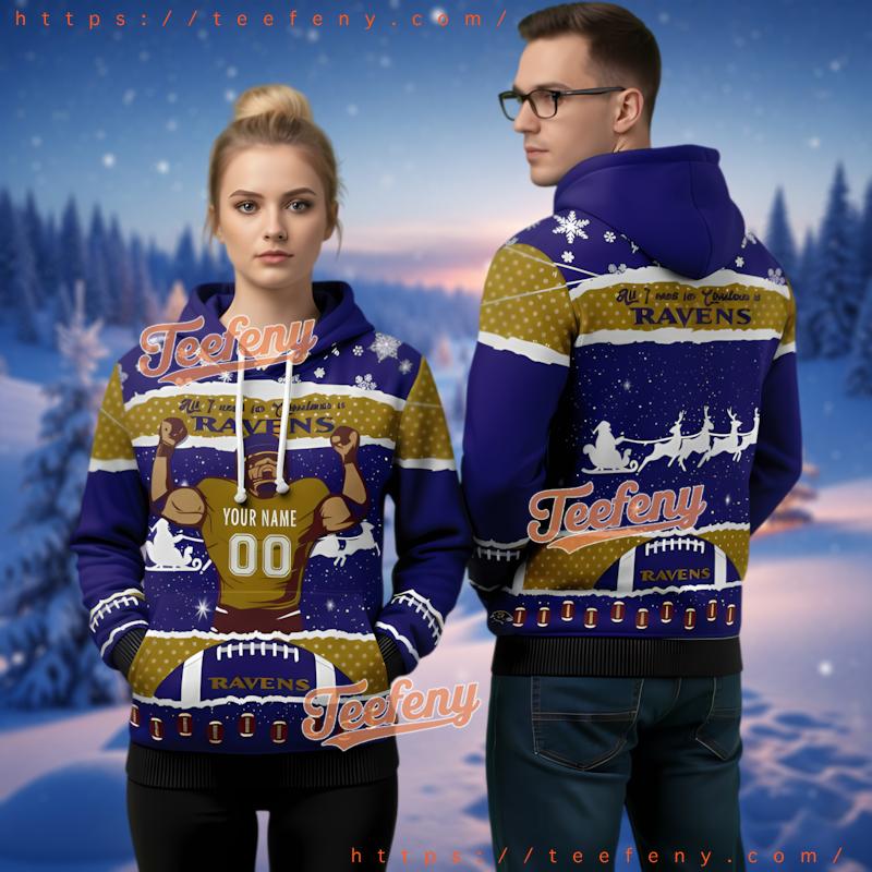 Baltimore Ravens Custom Player Number Ugly Christmas 3D Hoodie