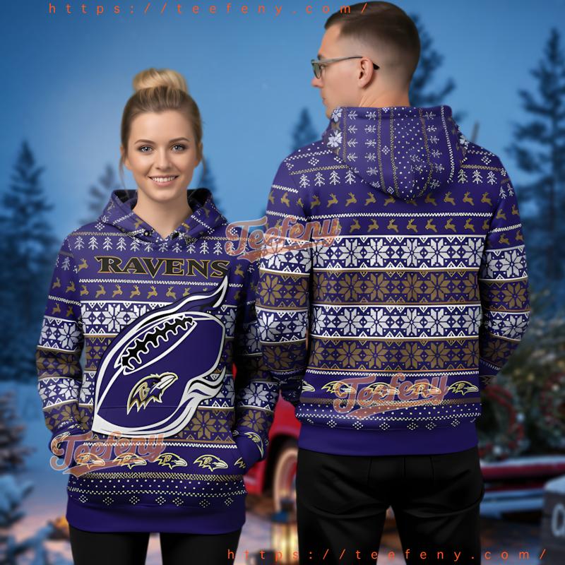 Baltimore Ravens Football Gold Snowflake Ugly Christmas 3D Hoodie