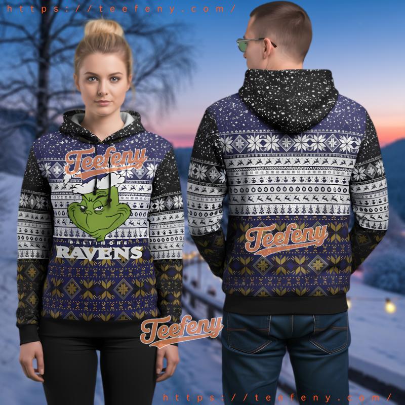 Baltimore Ravens Grinch Face Ugly Christmas 3D Hoodie