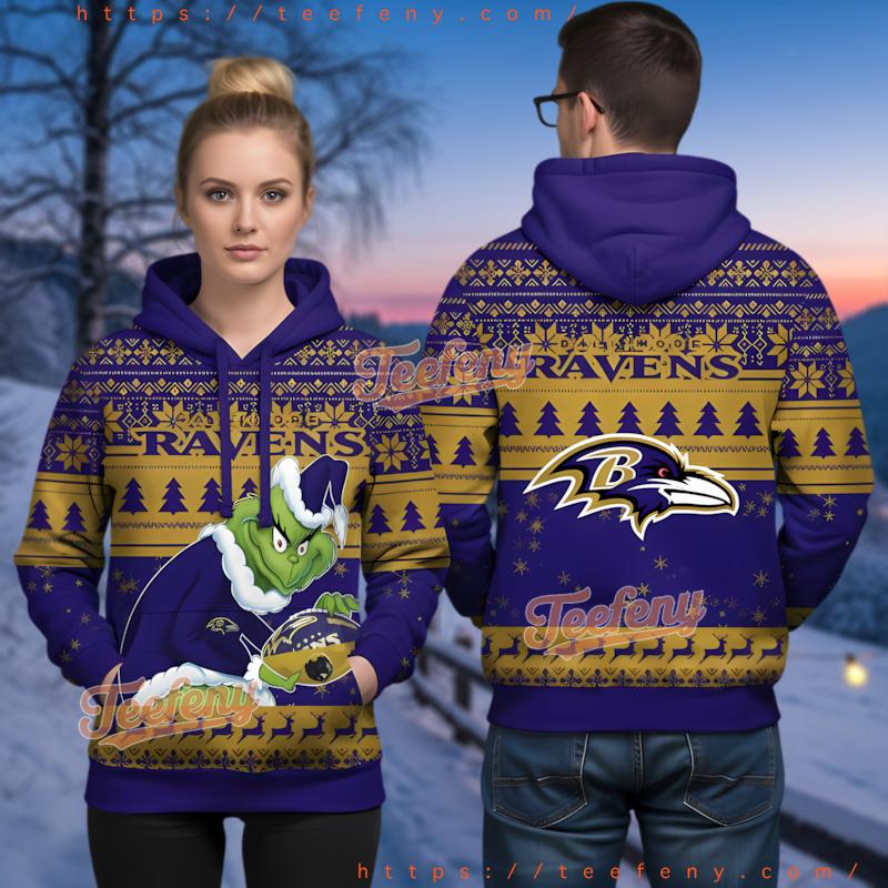 Baltimore Ravens Grinch Ugly Christmas 3D Hoodie Purple