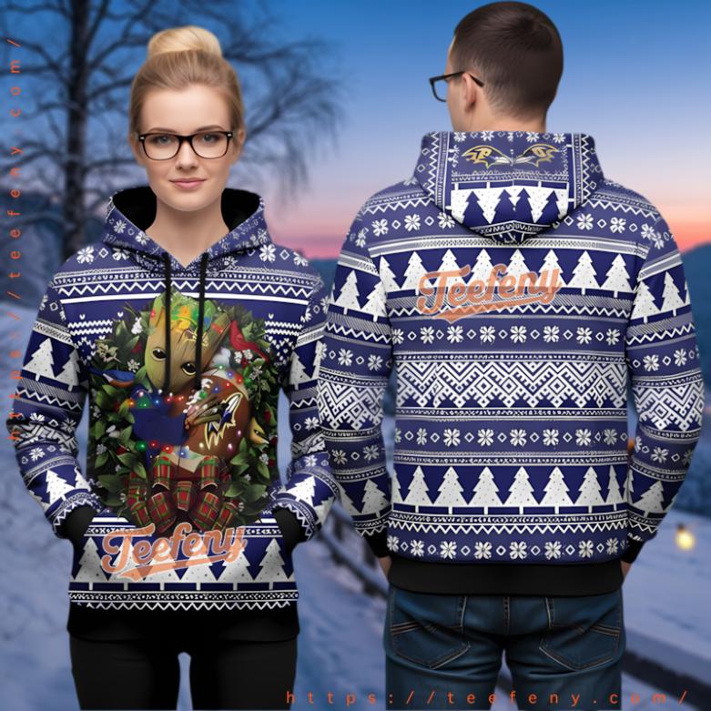 Baltimore Ravens Groot Christmas Wreath Pattern Ugly 3D Hoodie