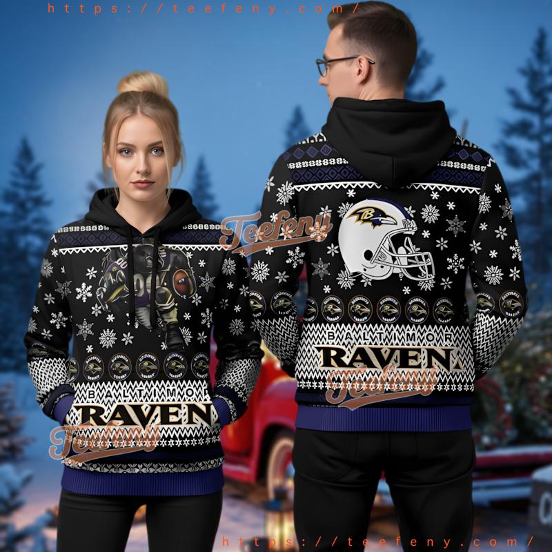Baltimore Ravens Mascot Black Snowflake Ugly Christmas 3D Hoodie