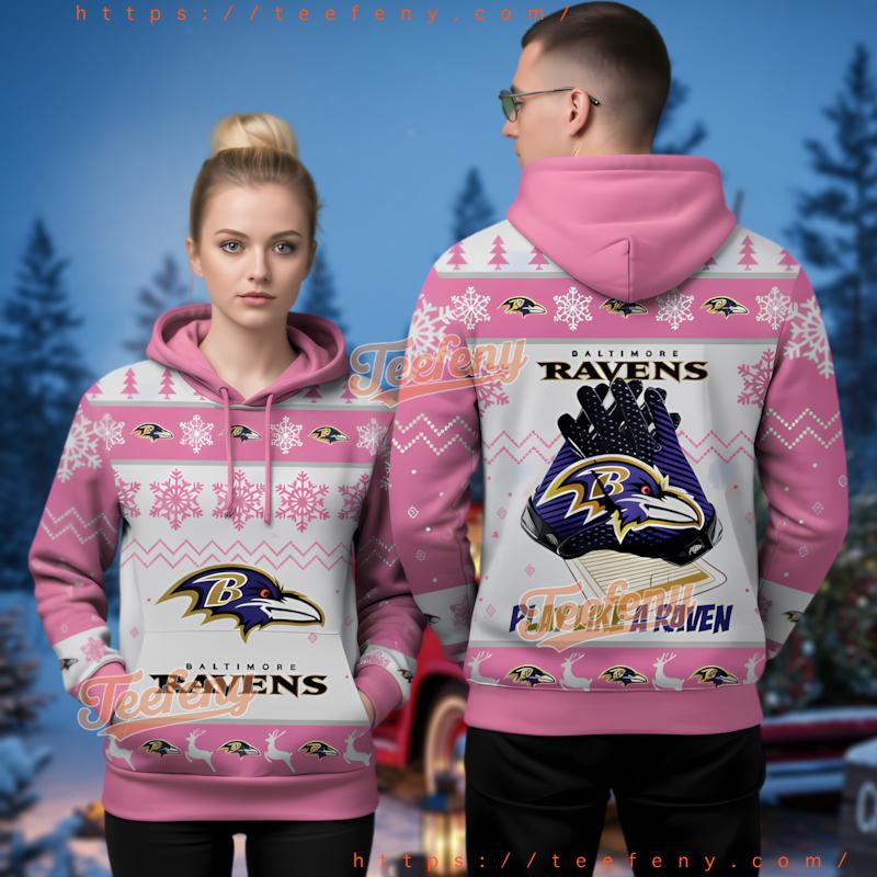 Baltimore Ravens Pink Christmas Receiver Gloves Ugly 3D Hoodie