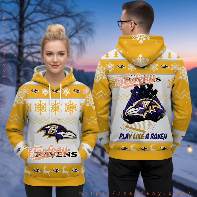 Baltimore Ravens Play Like A Raven Ugly Christmas 3D Hoodie Yellow