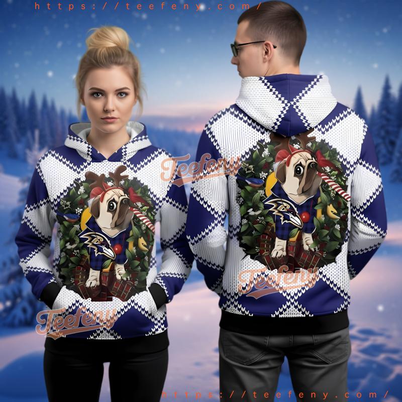 Baltimore Ravens Pug Dog Ugly Christmas 3D Hoodie Gift
