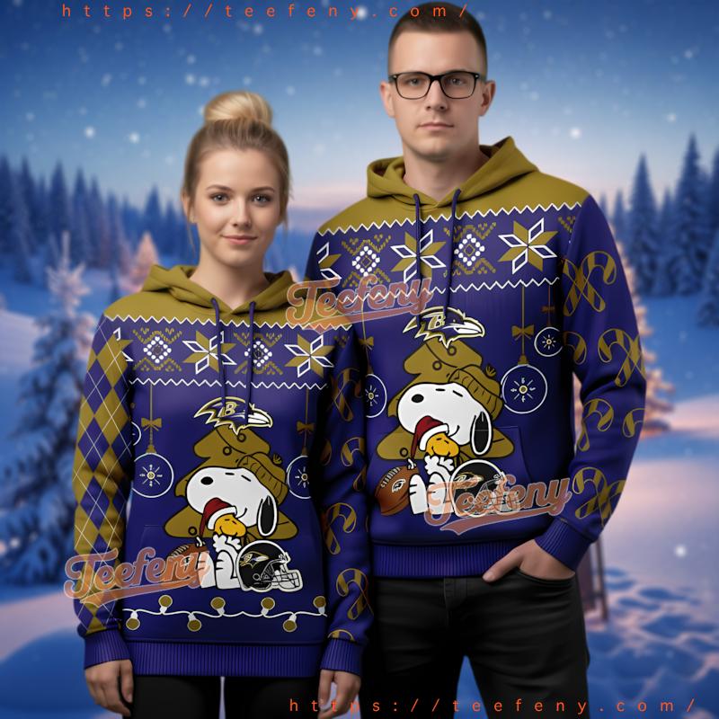 Baltimore Ravens Purple Gold Snoopy Ugly Christmas 3D Hoodie