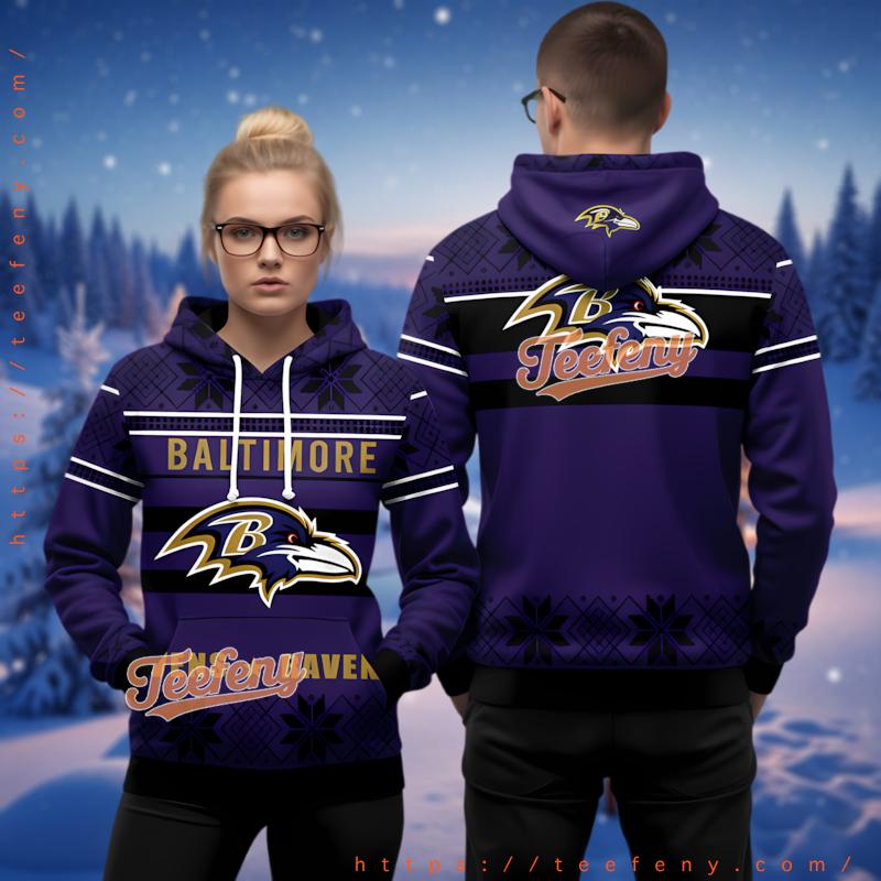 Baltimore Ravens Purple Gold Ugly Christmas 3D Hoodie Fan Gear