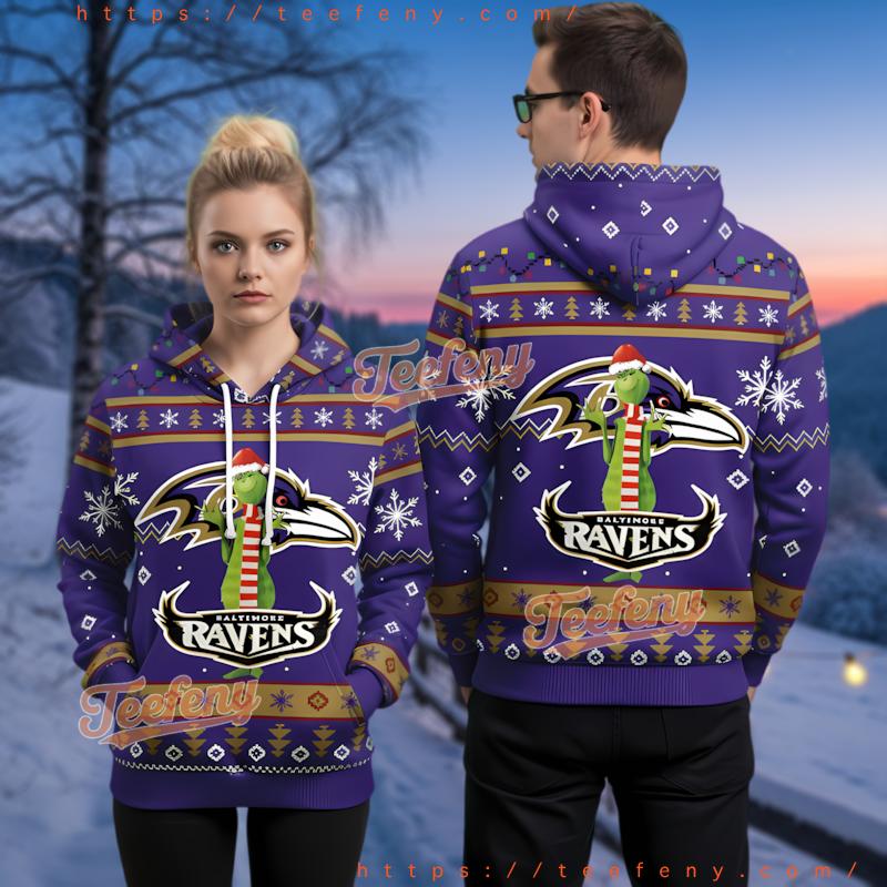 Baltimore Ravens Purple Grinch 3D Print Ugly Christmas Hoodie