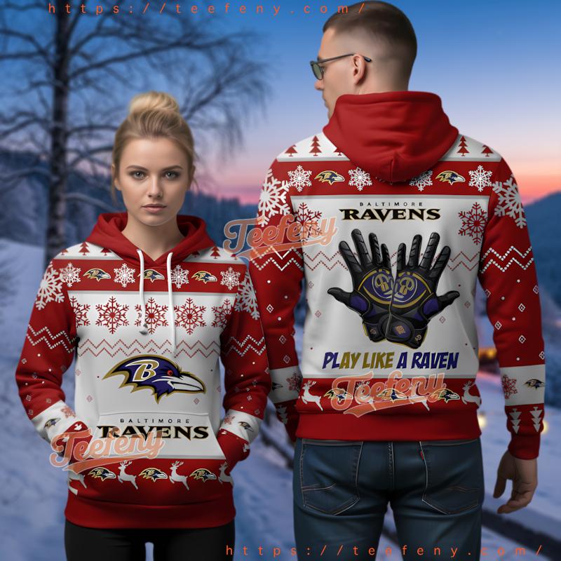 Baltimore Ravens Red Receiver Gloves Ugly Christmas 3D Hoodie